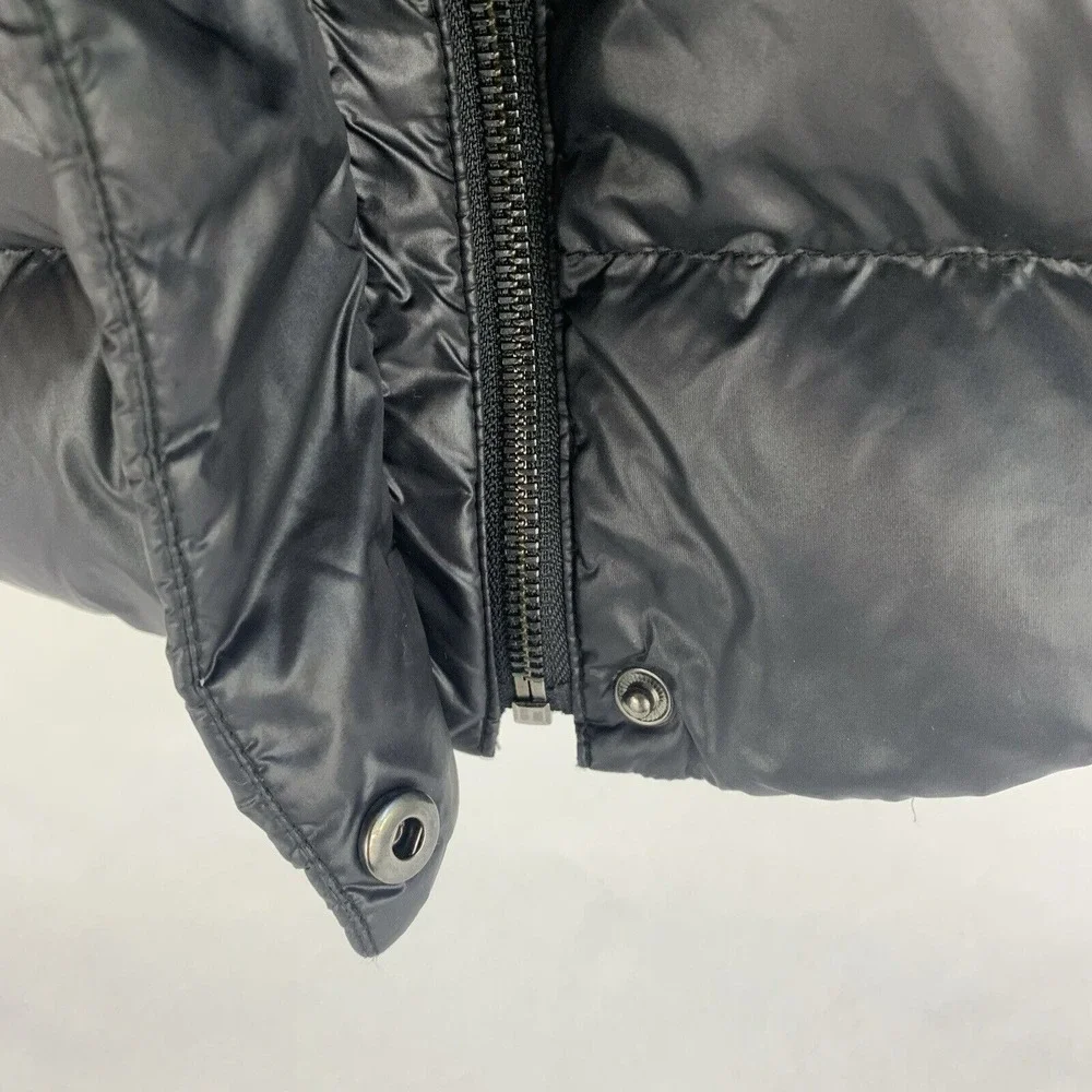 Womens Down Puffer Jacket Size Small Nylon Leather Hooded Black Chic Minimalist